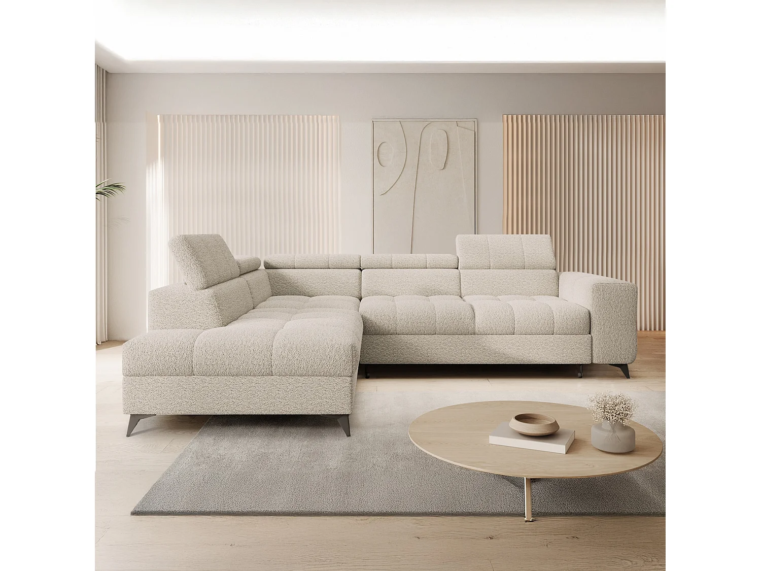 Canapé d'angle gauche convertible Gaspard Bouclette Beige