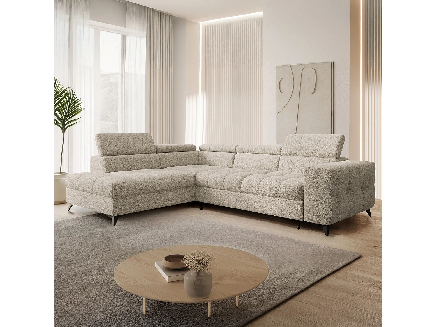 Canapé d'angle gauche convertible Gaspard Bouclette Beige