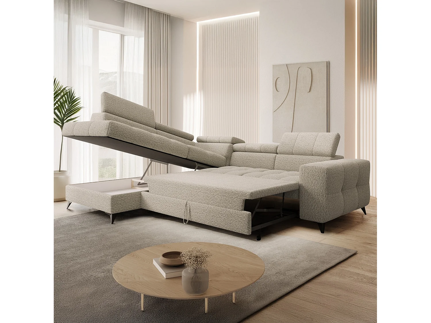 Canapé d'angle gauche convertible Gaspard Bouclette Beige