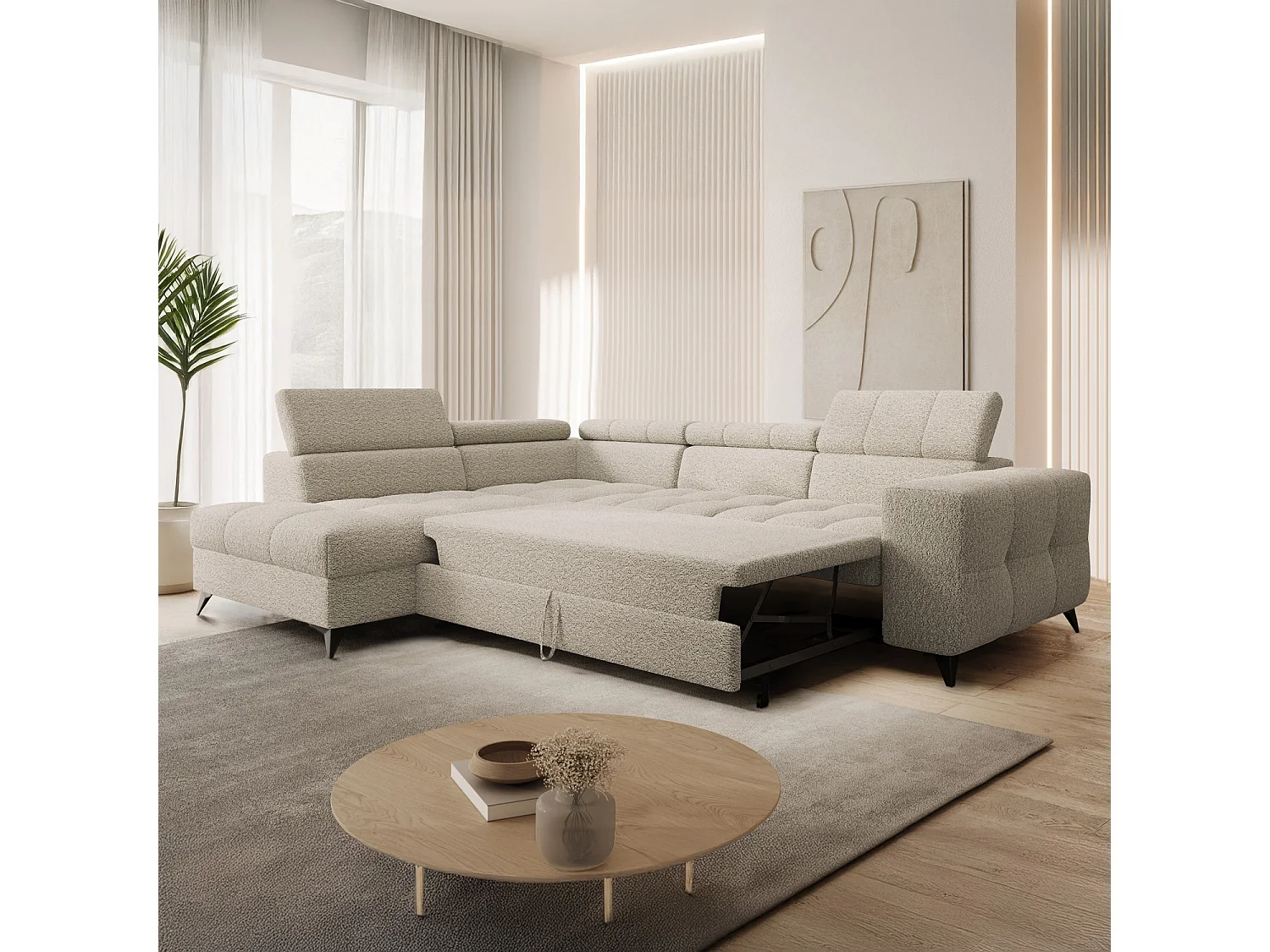 Canapé d'angle gauche convertible Gaspard Bouclette Beige