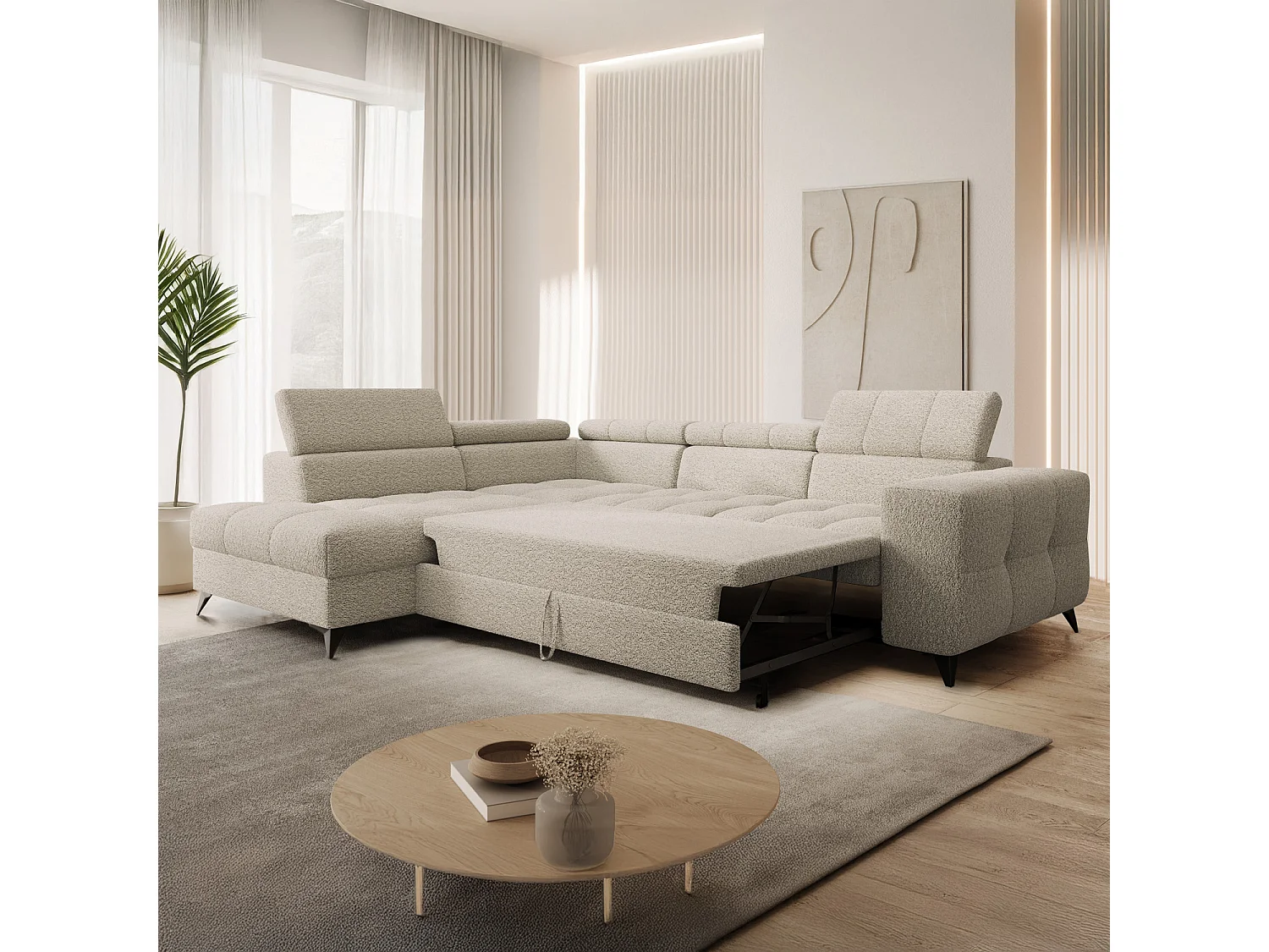 Canapé d'angle gauche convertible Gaspard Bouclette Beige