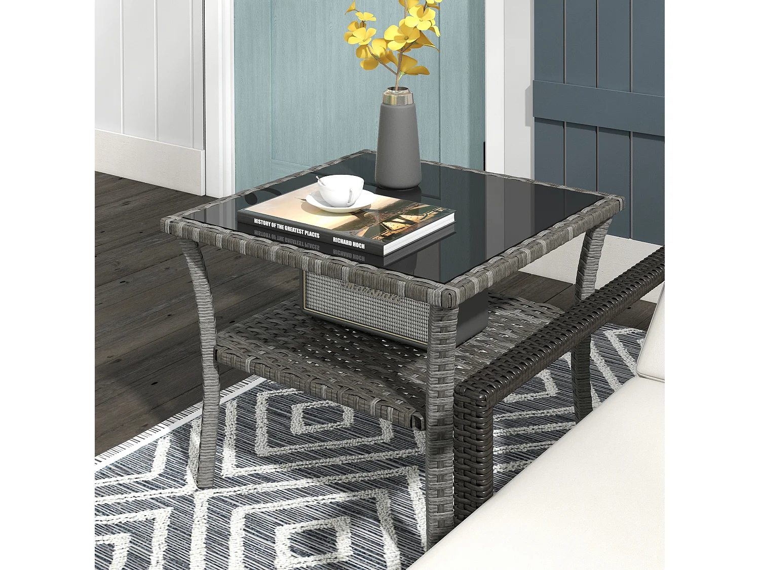 Table basse de jardin avec étagère et plateau verre trempé dim. 50 x 50 x 45 cm résine tressée gris