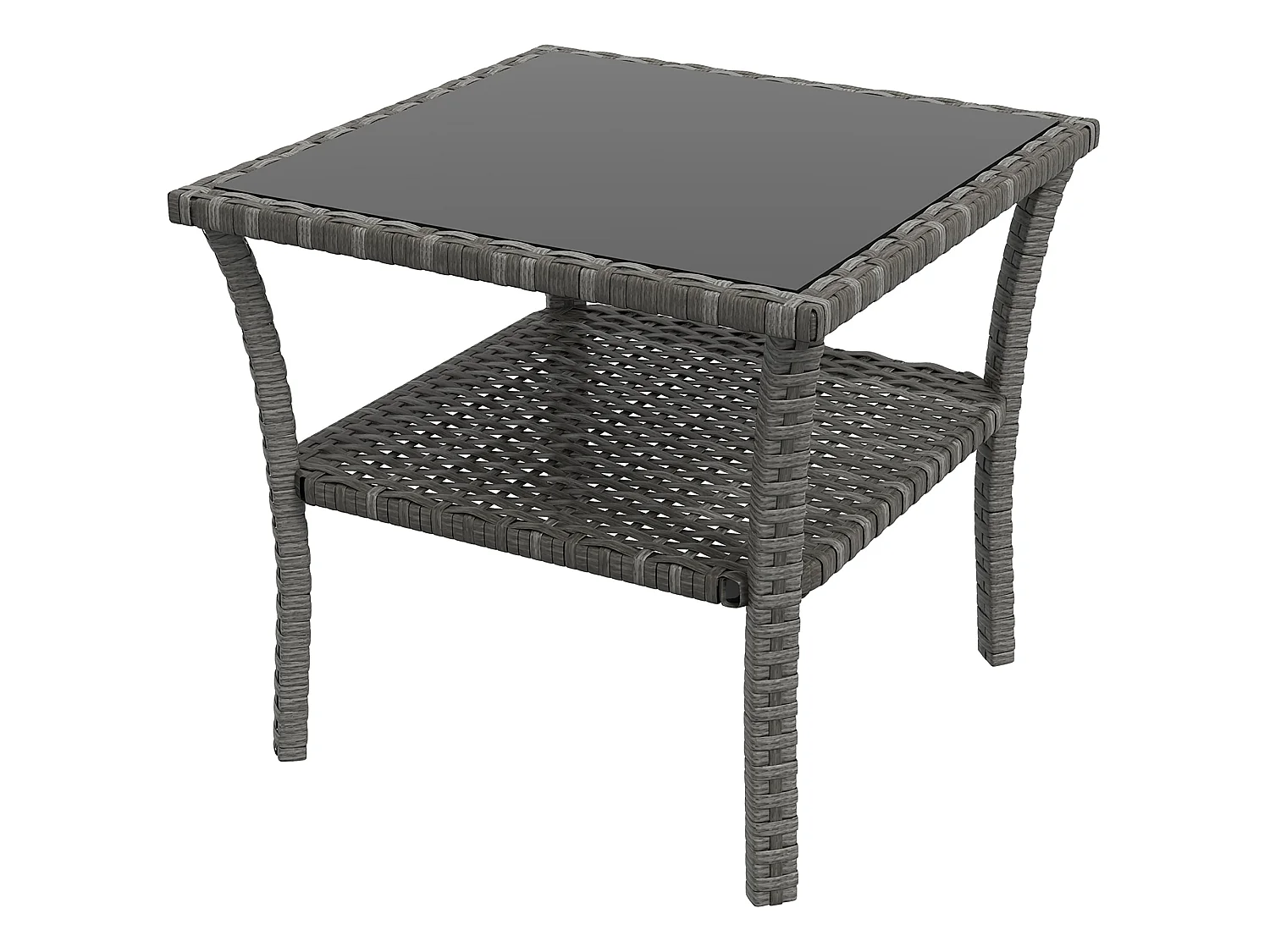 Table basse de jardin avec étagère et plateau verre trempé dim. 50 x 50 x 45 cm résine tressée gris
