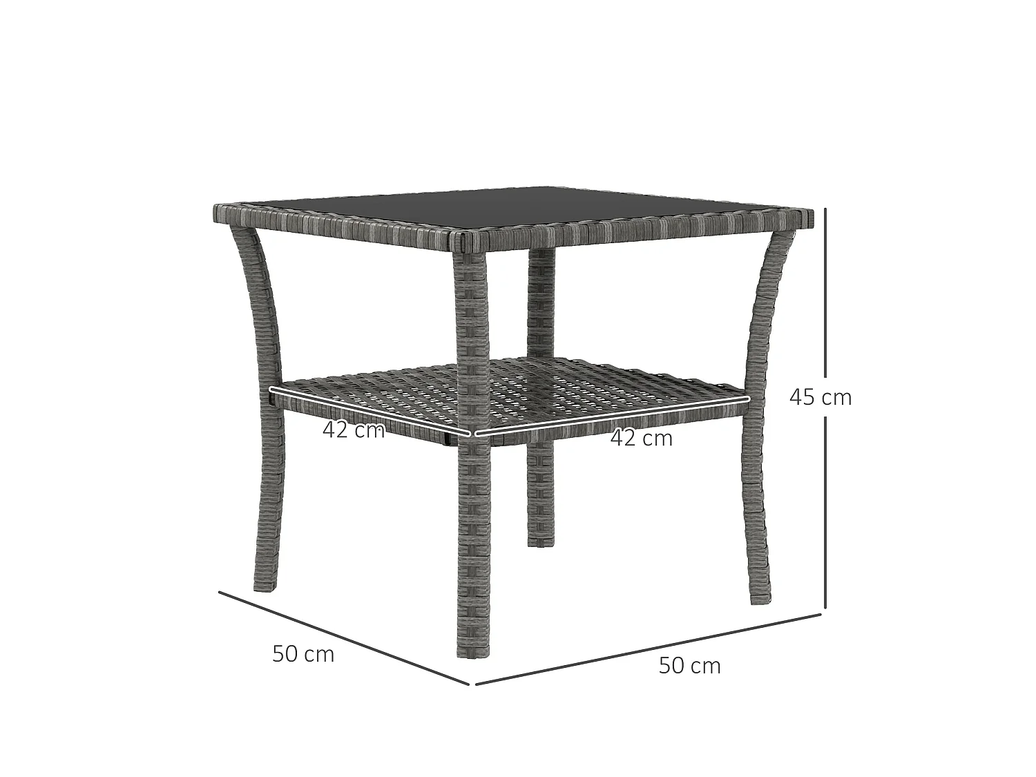 Table basse de jardin avec étagère et plateau verre trempé dim. 50 x 50 x 45 cm résine tressée gris