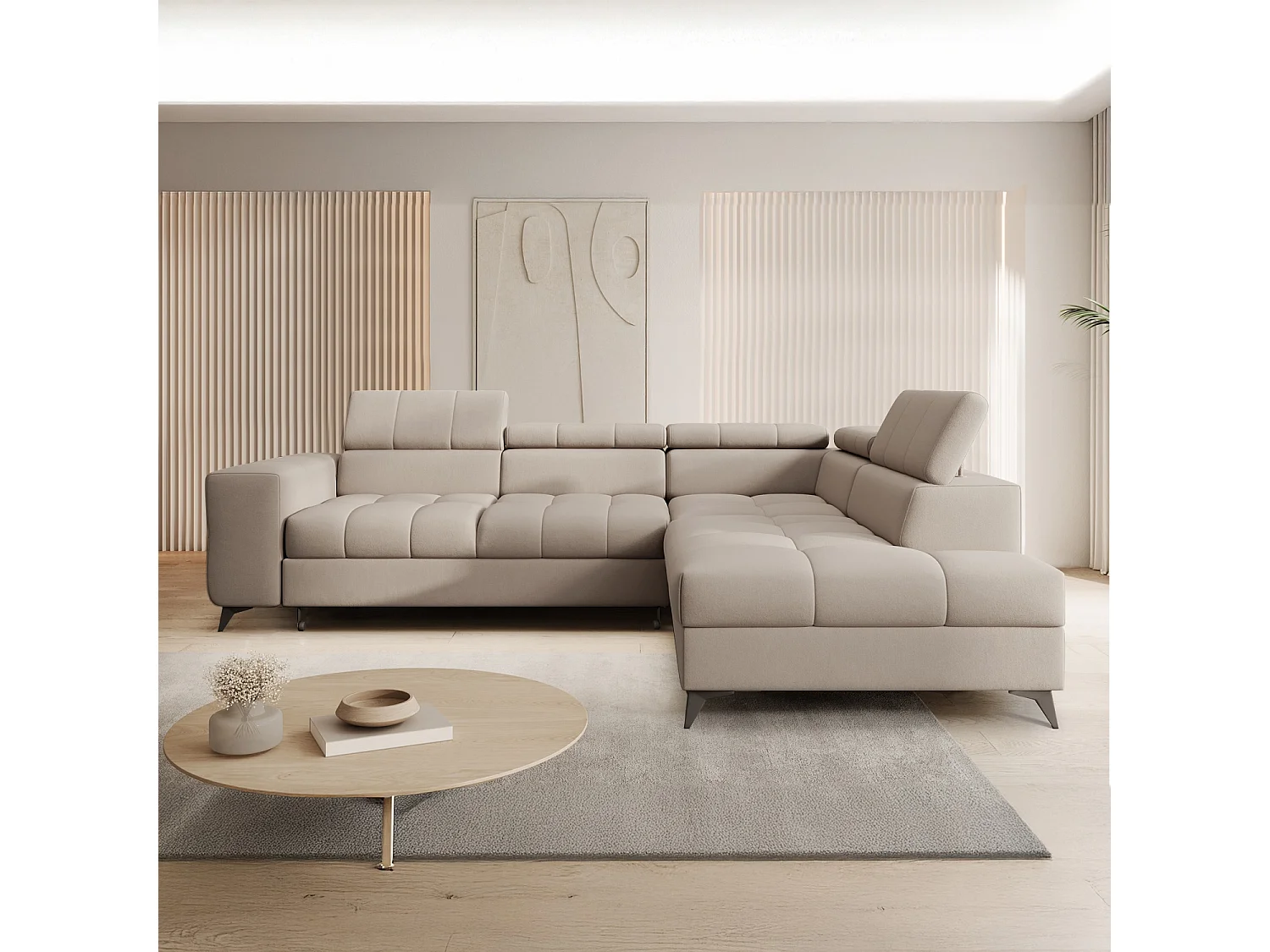 Canapé d'angle droit convertible Gaspard velours Beige