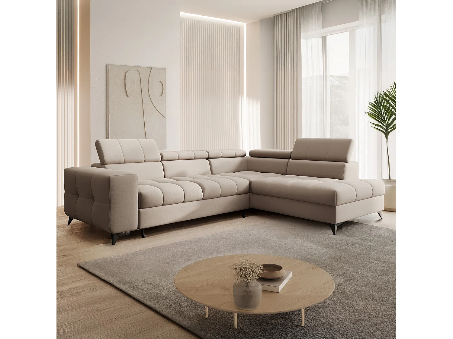 Canapé d'angle droit convertible Gaspard velours Beige