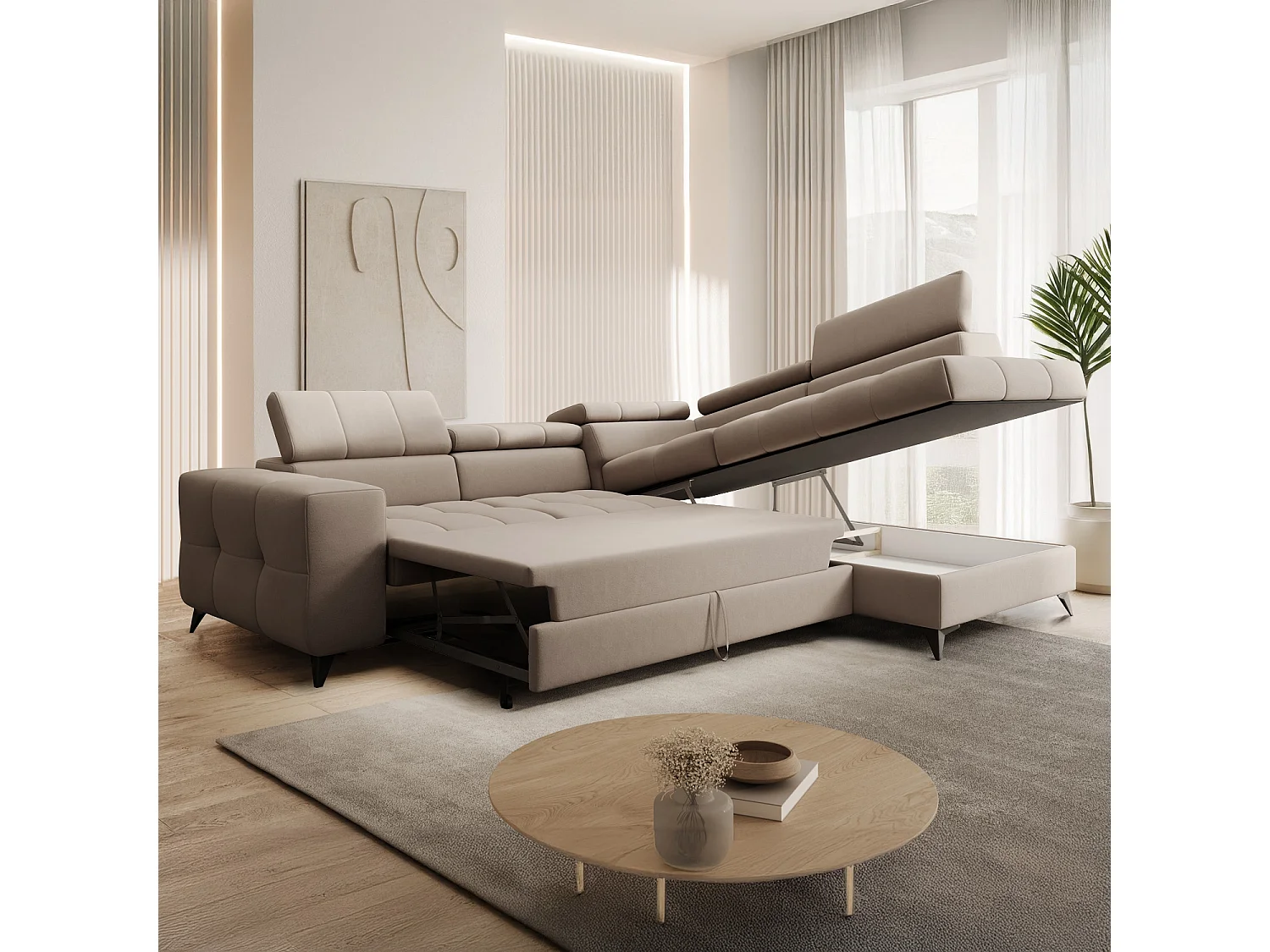 Canapé d'angle droit convertible Gaspard velours Beige