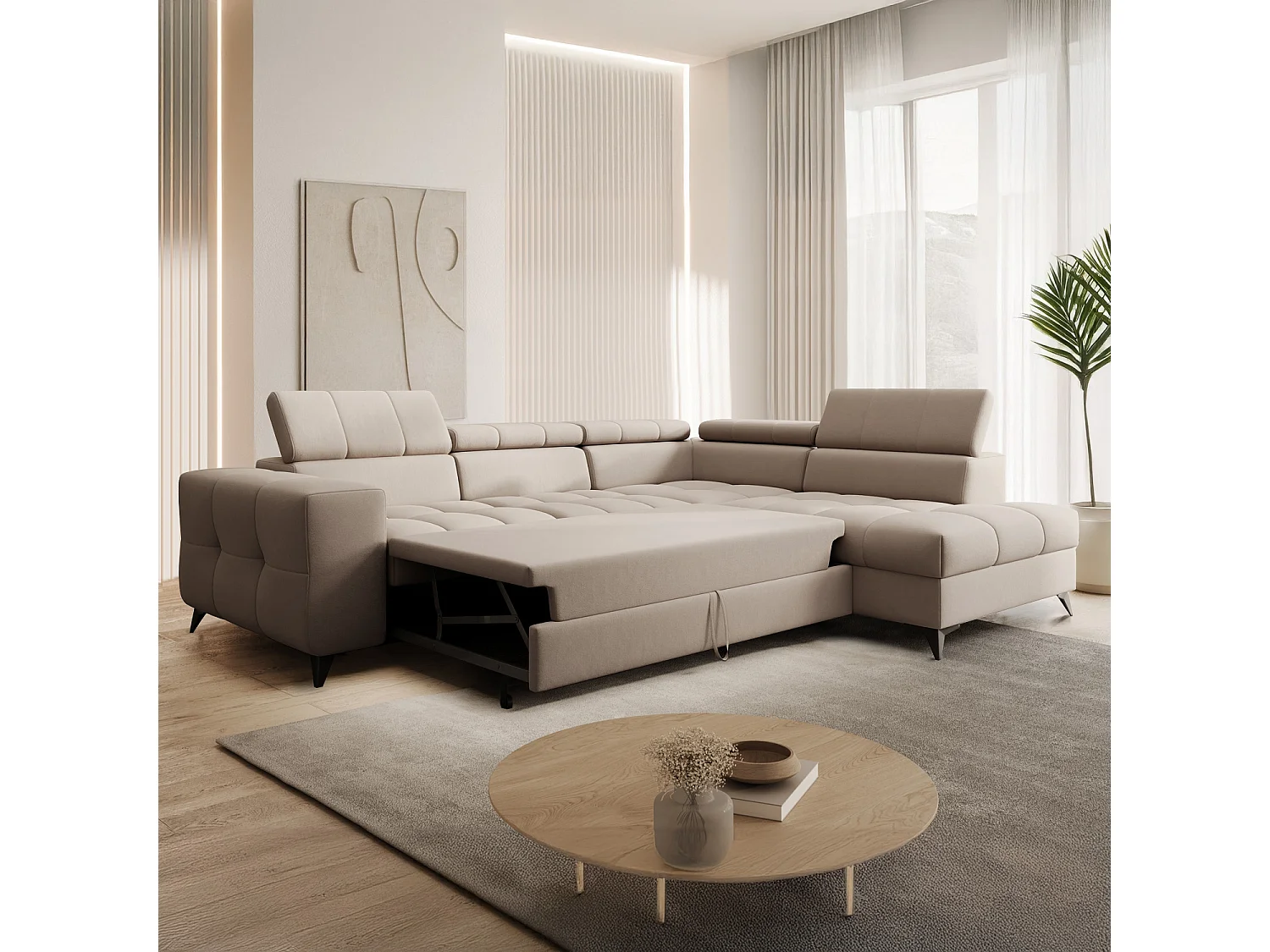 Canapé d'angle droit convertible Gaspard velours Beige