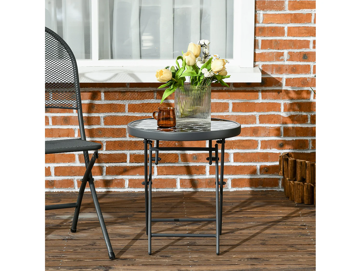 Table basse pliable d'appoint dia. 45 cm acier gris plateau verre trempé motif graphique