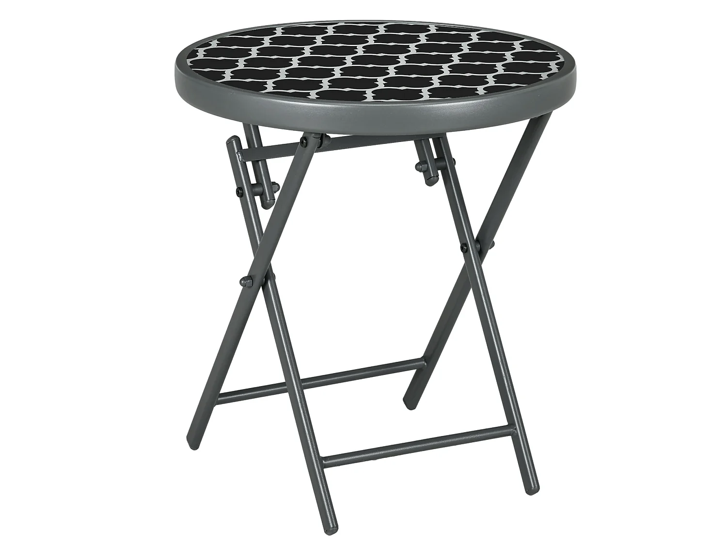 Table basse pliable d'appoint dia. 45 cm acier gris plateau verre trempé motif graphique