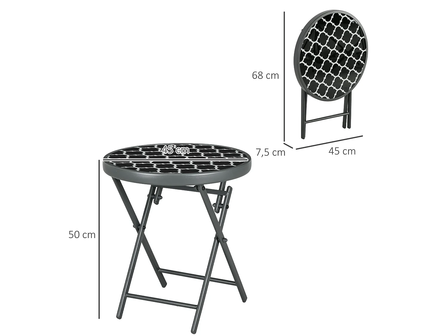 Table basse pliable d'appoint dia. 45 cm acier gris plateau verre trempé motif graphique