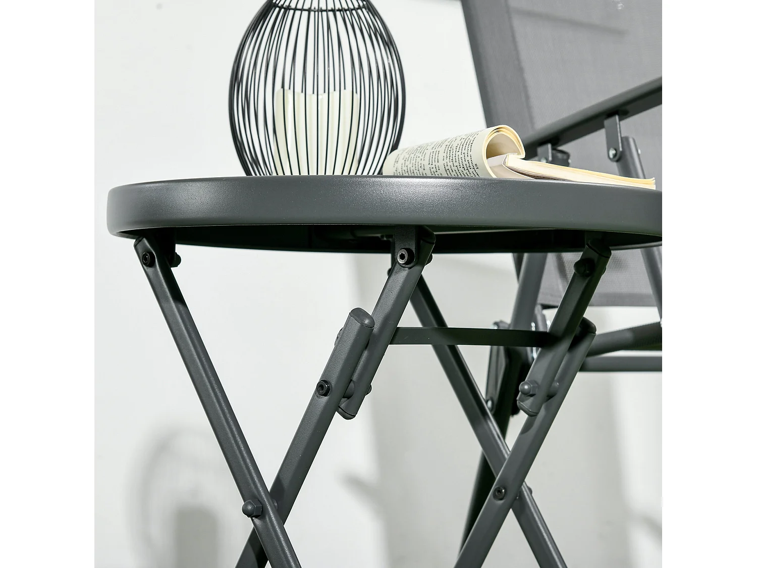 Table basse pliable d'appoint dia. 45 cm acier gris plateau verre trempé motif graphique