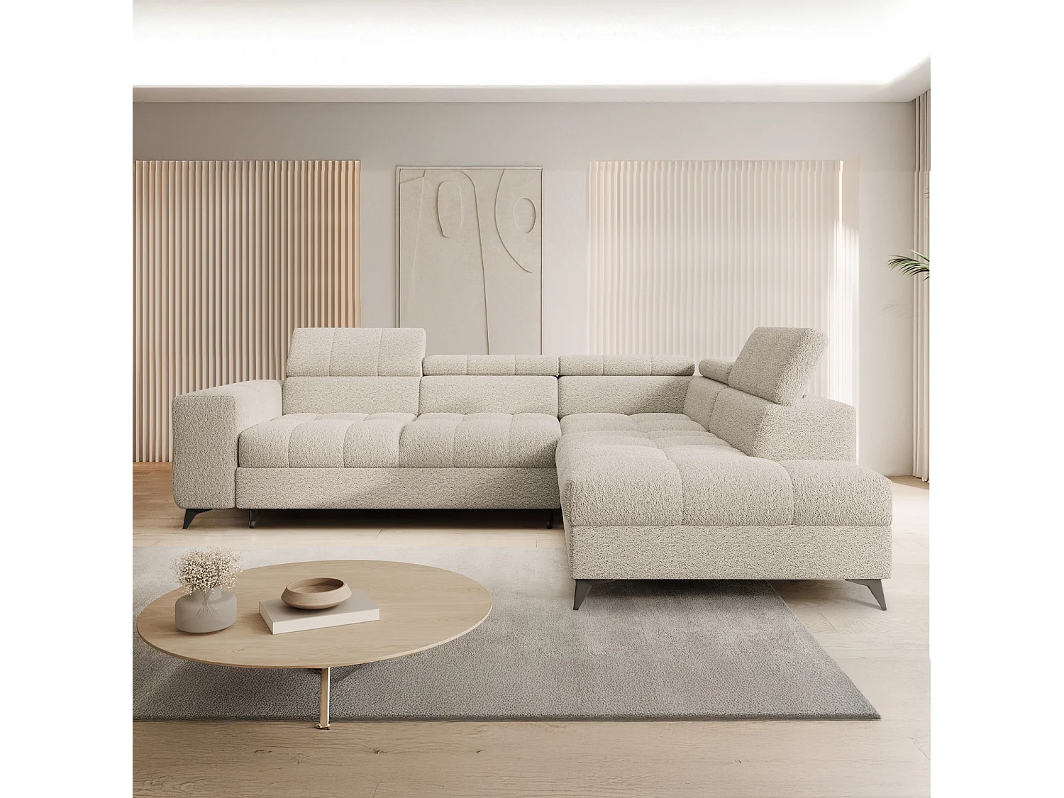 Canapé d'angle droit convertible Gaspard Bouclette Beige