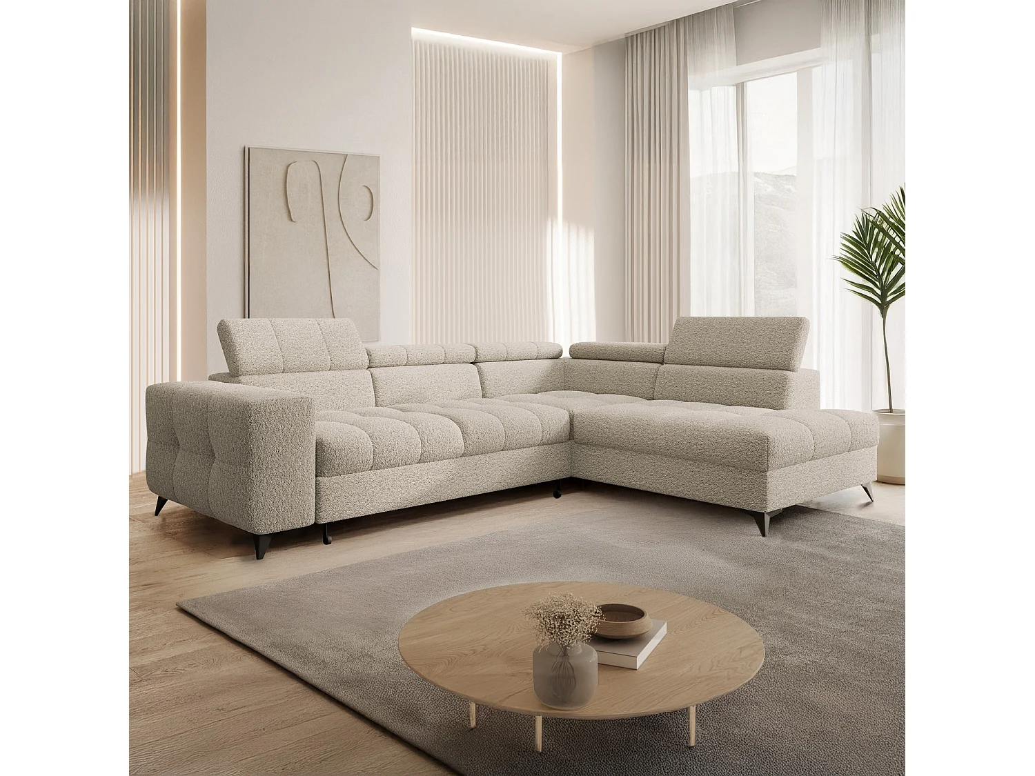 Canapé d'angle droit convertible Gaspard Bouclette Beige