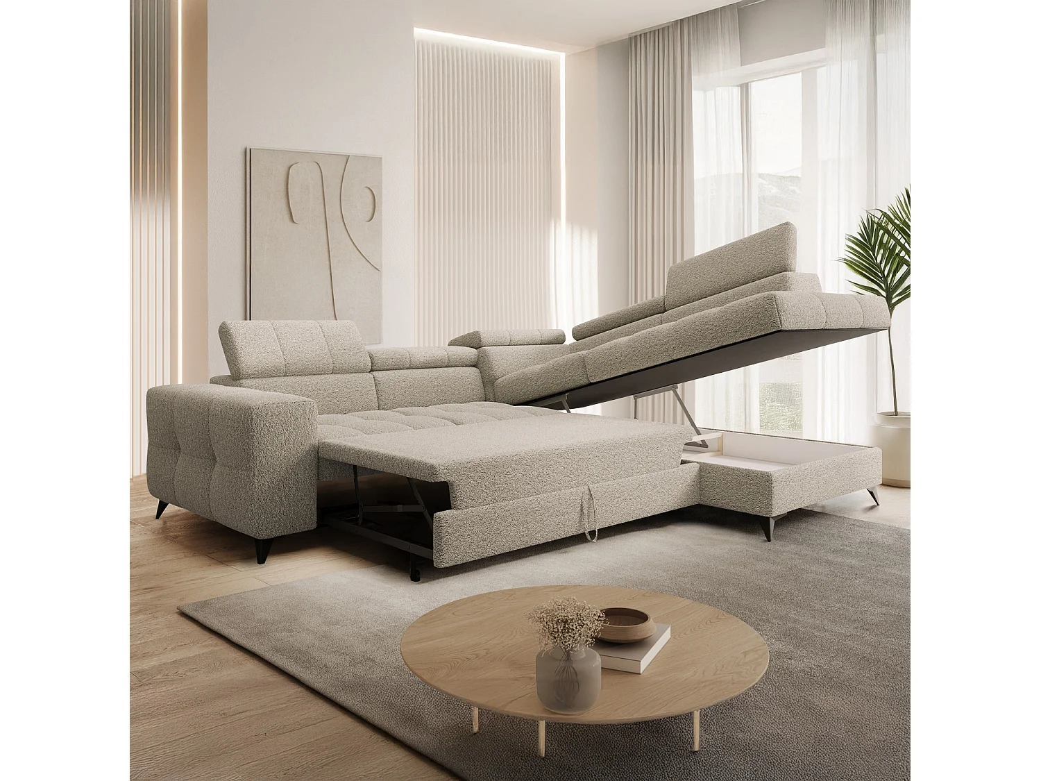 Canapé d'angle droit convertible Gaspard Bouclette Beige