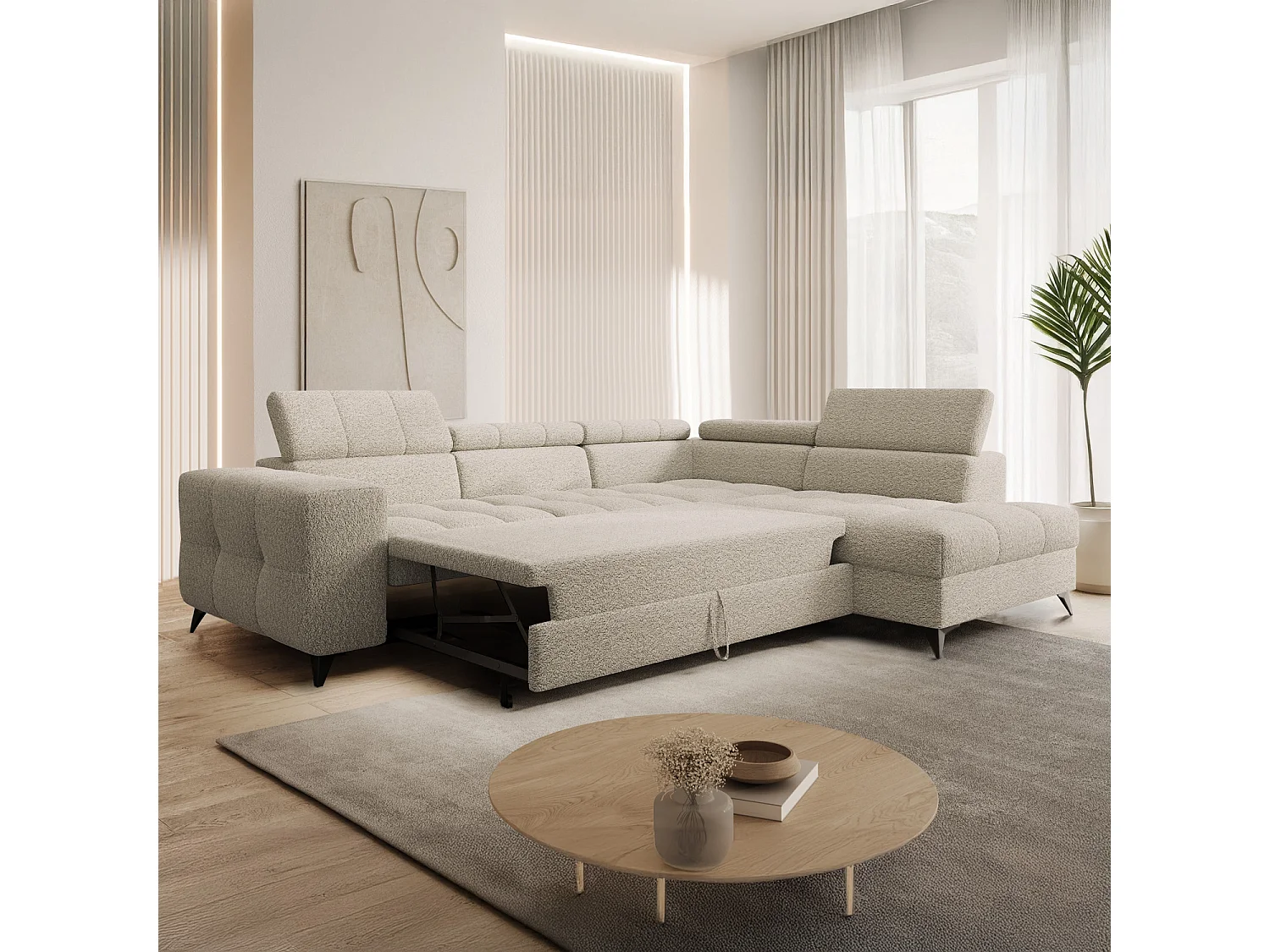 Canapé d'angle droit convertible Gaspard Bouclette Beige