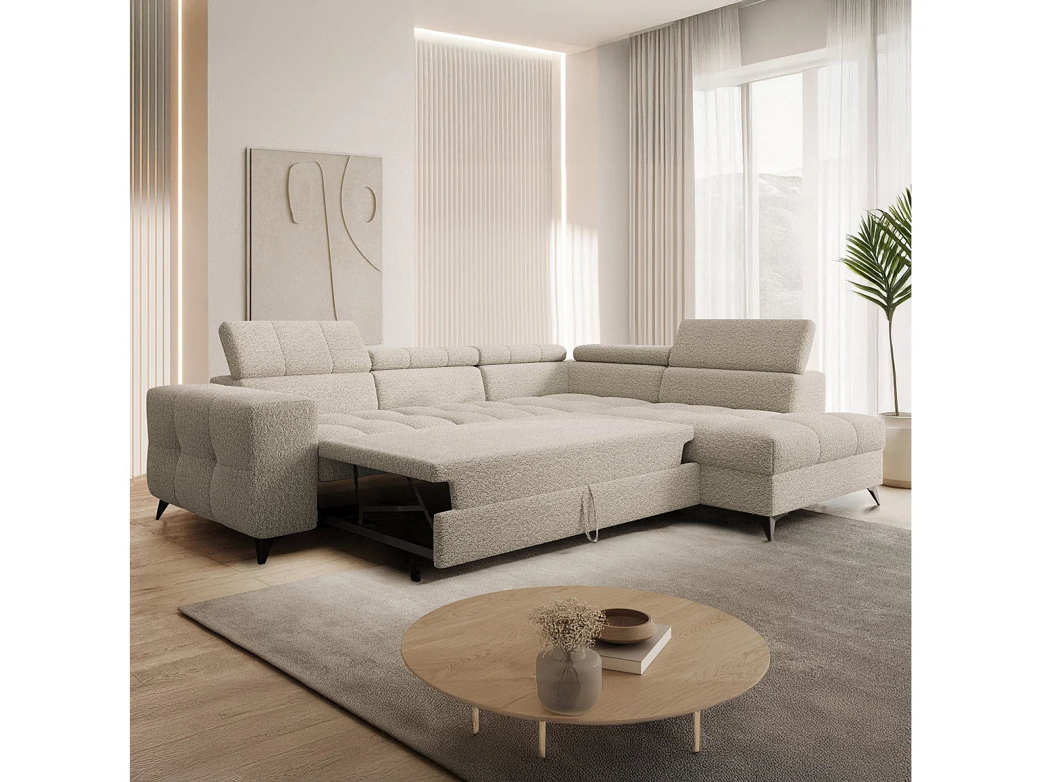 Canapé d'angle droit convertible Gaspard Bouclette Beige