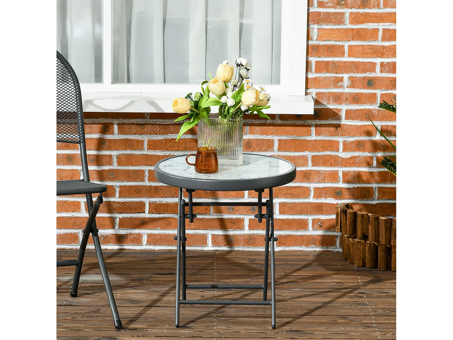 Table basse pliable d'appoint dia. 45 cm acier gris plateau verre trempé effet marbre blanc