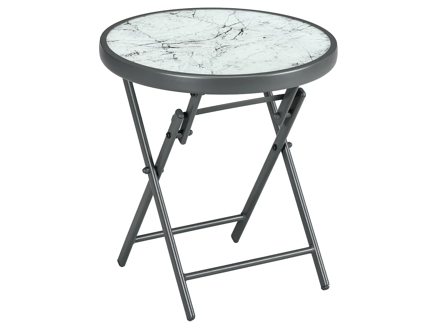 Table basse pliable d'appoint dia. 45 cm acier gris plateau verre trempé effet marbre blanc