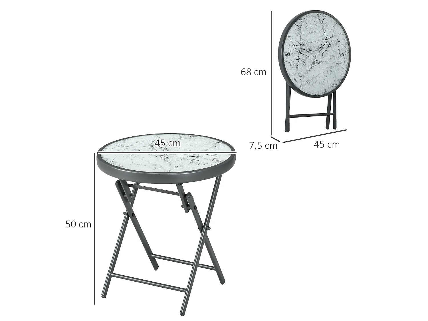 Table basse pliable d'appoint dia. 45 cm acier gris plateau verre trempé effet marbre blanc