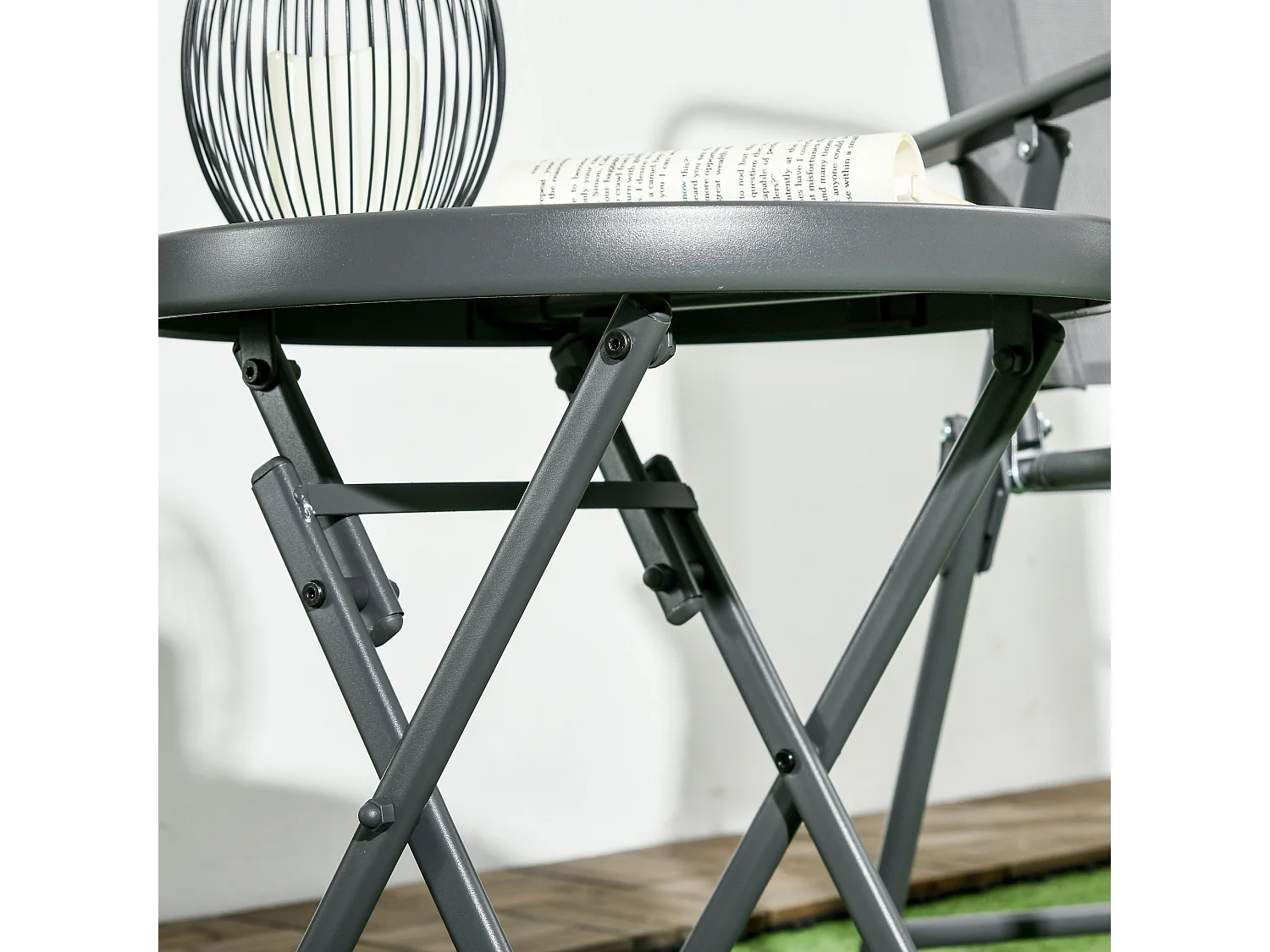 Table basse pliable d'appoint dia. 45 cm acier gris plateau verre trempé effet marbre blanc