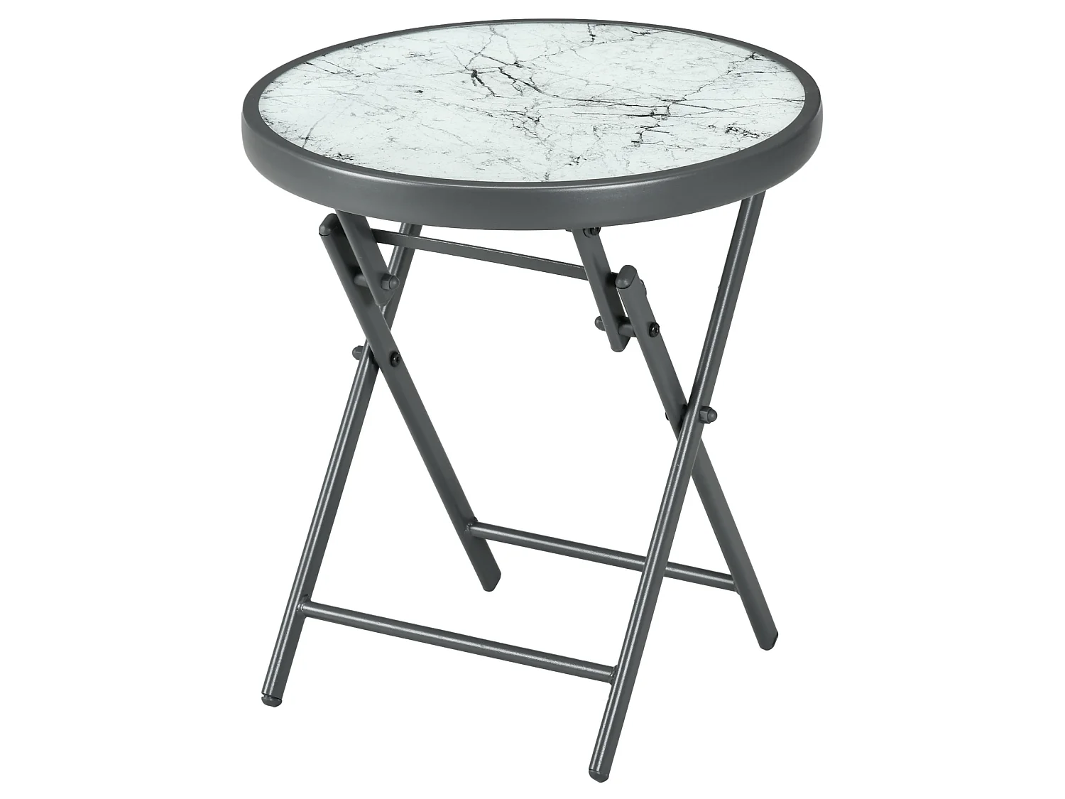 Table basse pliable d'appoint dia. 45 cm acier gris plateau verre trempé effet marbre blanc