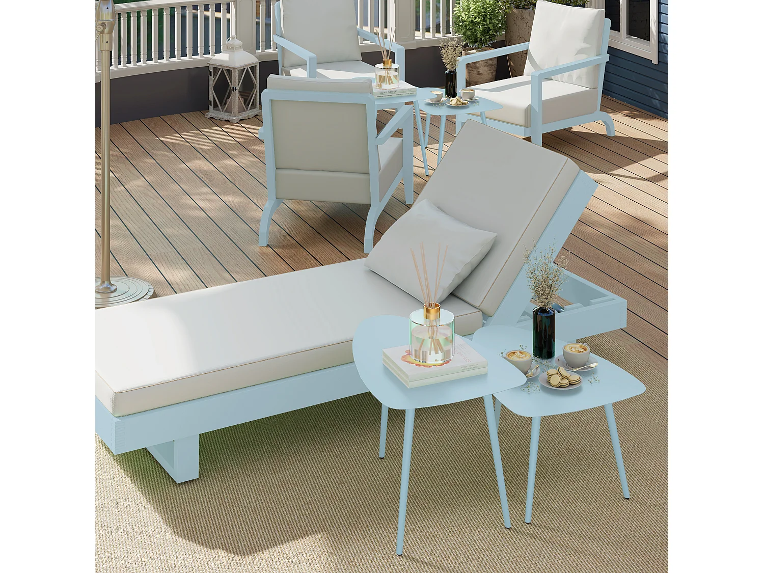 Lot de 2 tables basses gigognes de jardin design piètement effilé acier plateau métal bleu