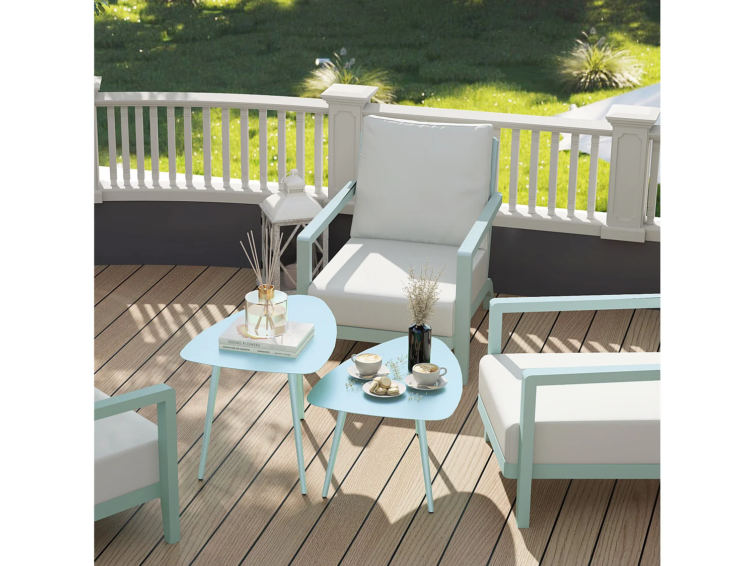 Lot de 2 tables basses gigognes de jardin design piètement effilé acier plateau métal bleu