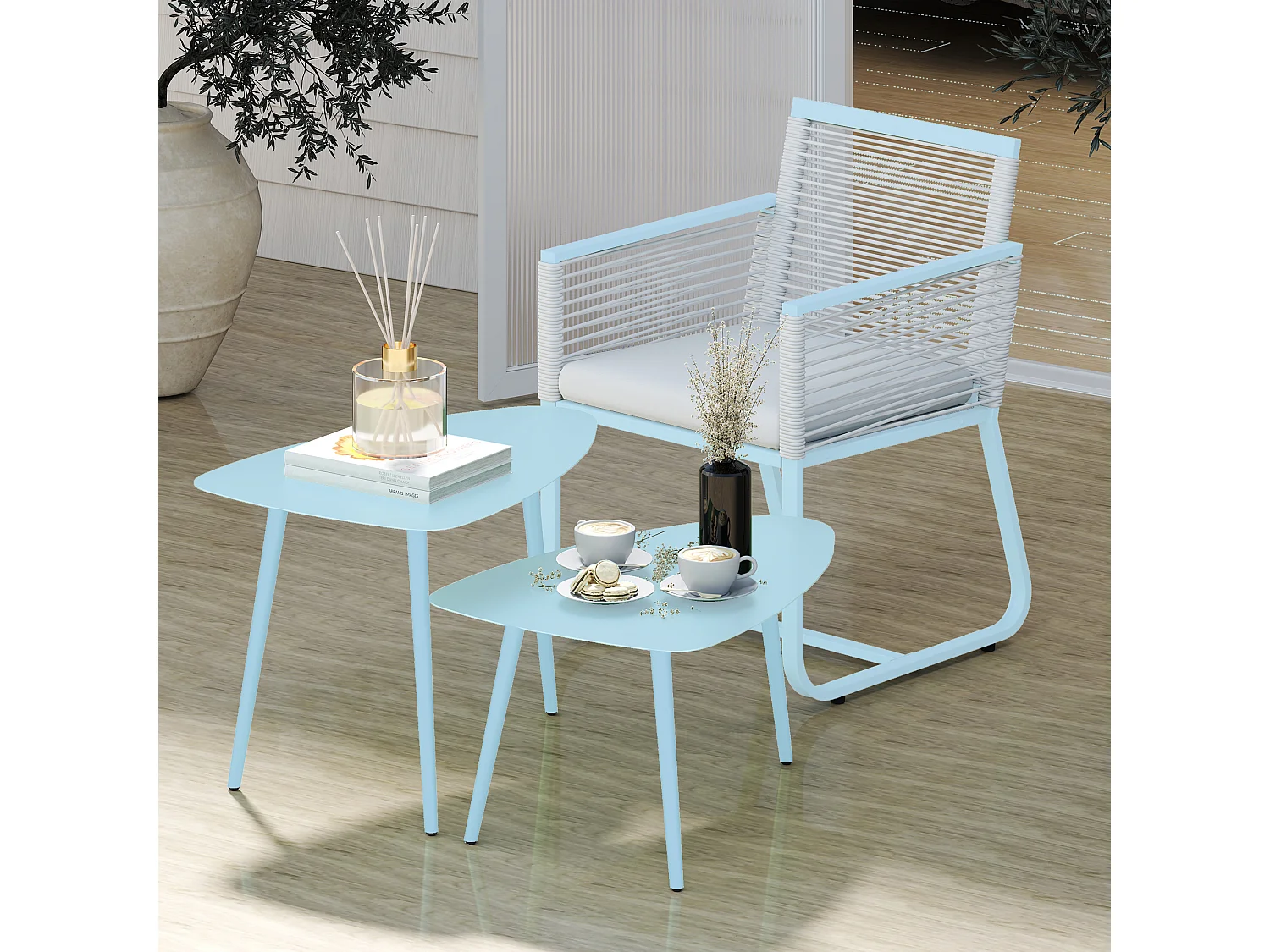 Lot de 2 tables basses gigognes de jardin design piètement effilé acier plateau métal bleu