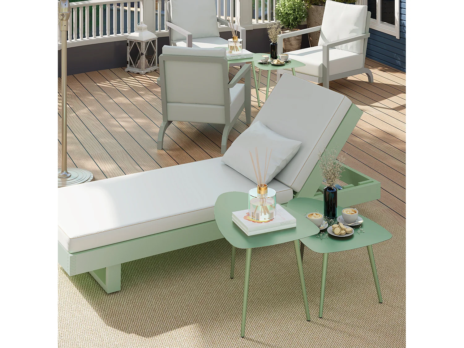 Lot de 2 tables basses gigognes de jardin design piètement effilé acier plateau métal vert