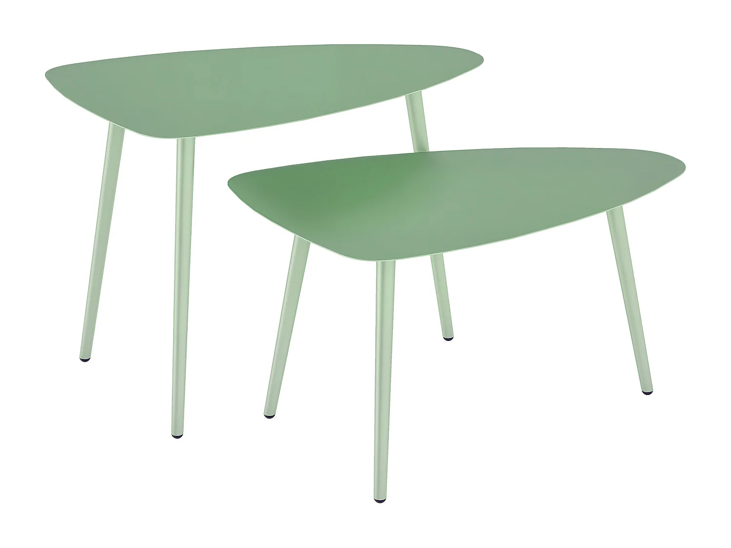 Lot de 2 tables basses gigognes de jardin design piètement effilé acier plateau métal vert