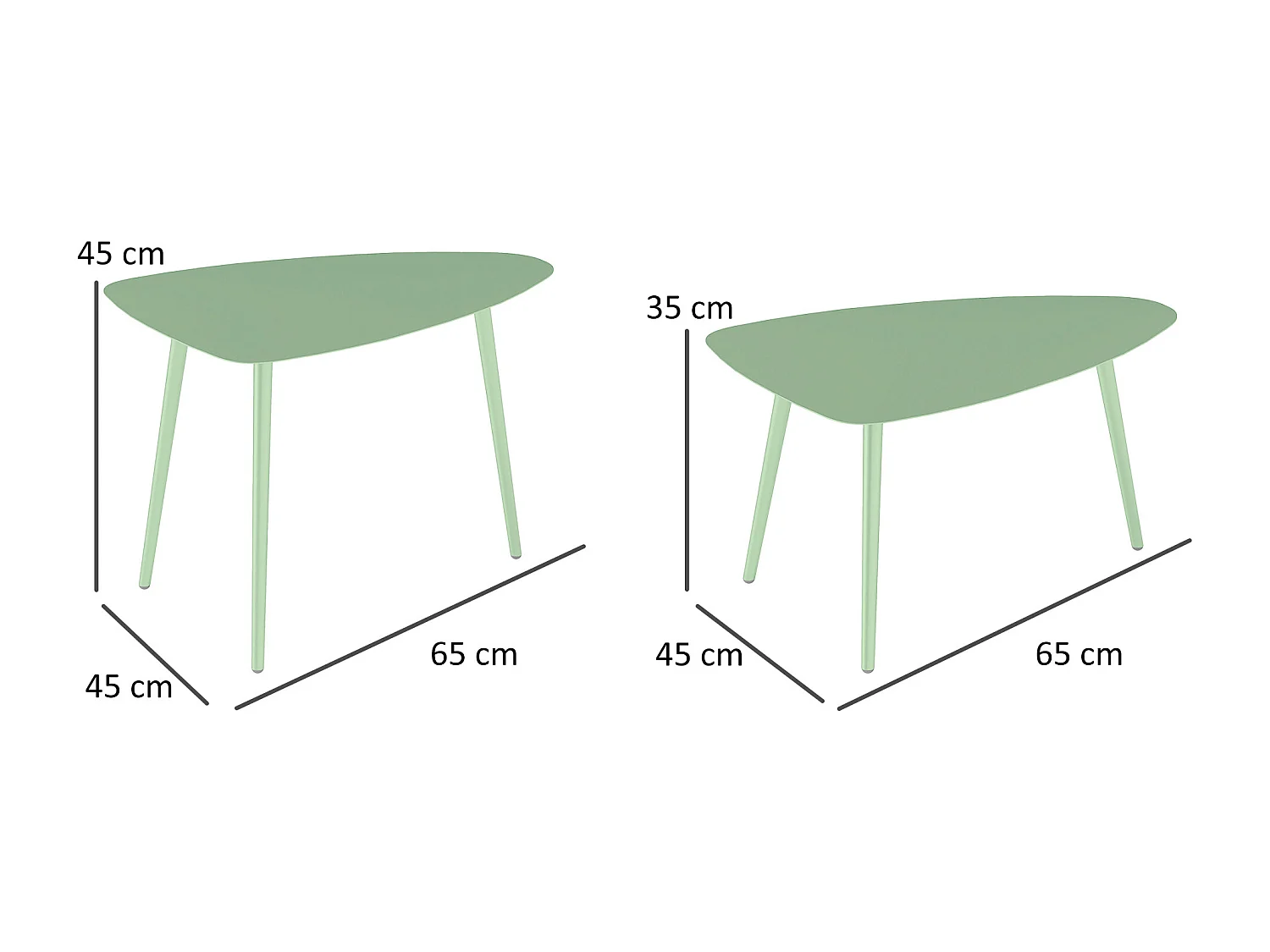 Lot de 2 tables basses gigognes de jardin design piètement effilé acier plateau métal vert