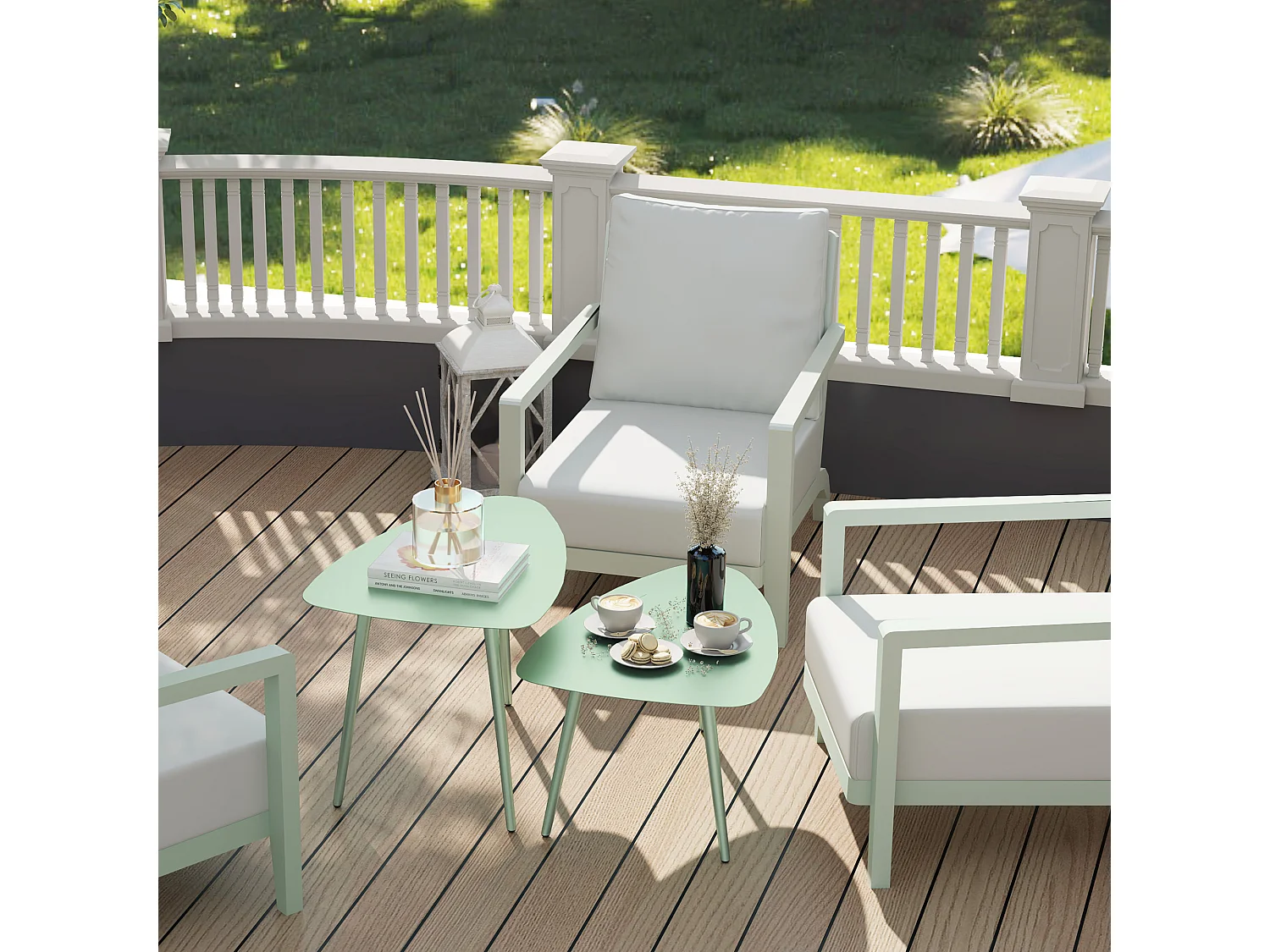 Lot de 2 tables basses gigognes de jardin design piètement effilé acier plateau métal vert