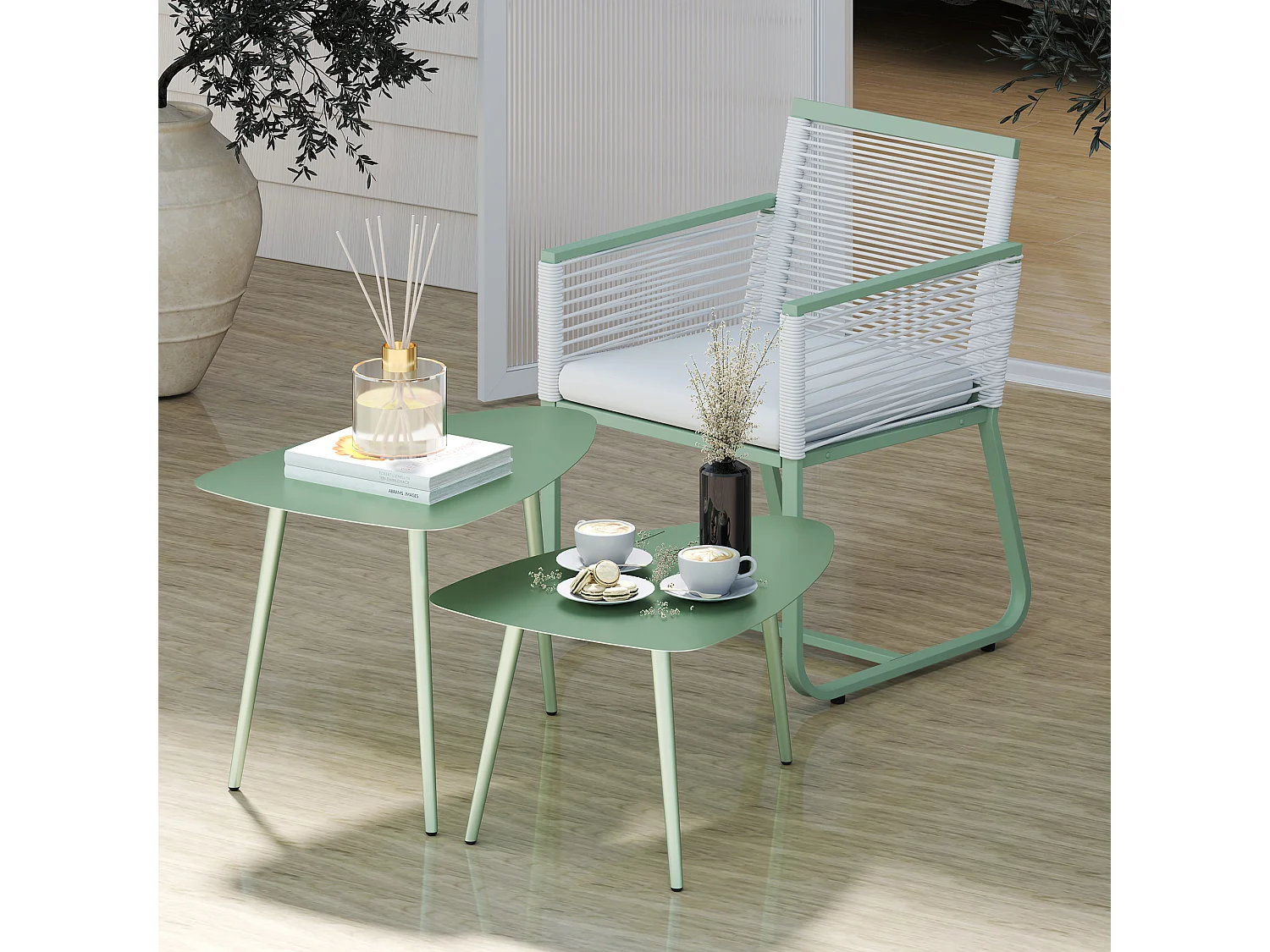 Lot de 2 tables basses gigognes de jardin design piètement effilé acier plateau métal vert
