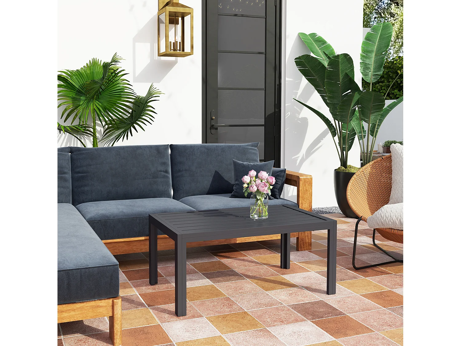 Table basse de jardin rectangulaire dim. 101,5 x 61 x 46 cm plateau à lattes métal époxy gris
