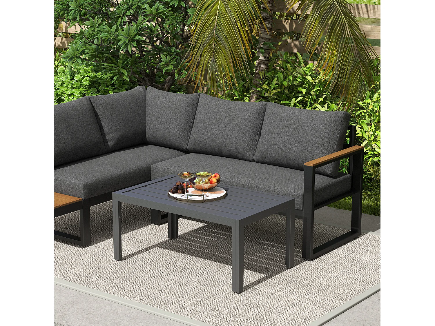 Table basse de jardin rectangulaire dim. 101,5 x 61 x 46 cm plateau à lattes métal époxy gris