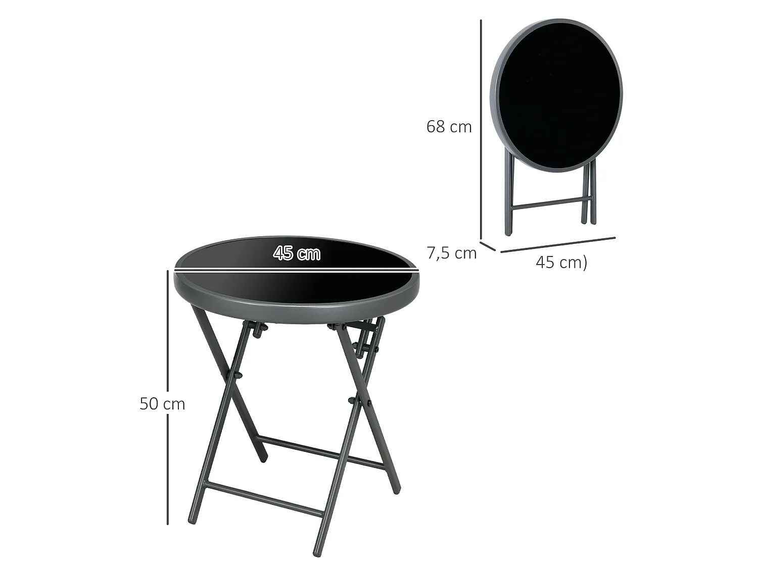 Table basse pliable d'appoint dia. 45 cm acier gris plateau verre trempé noir
