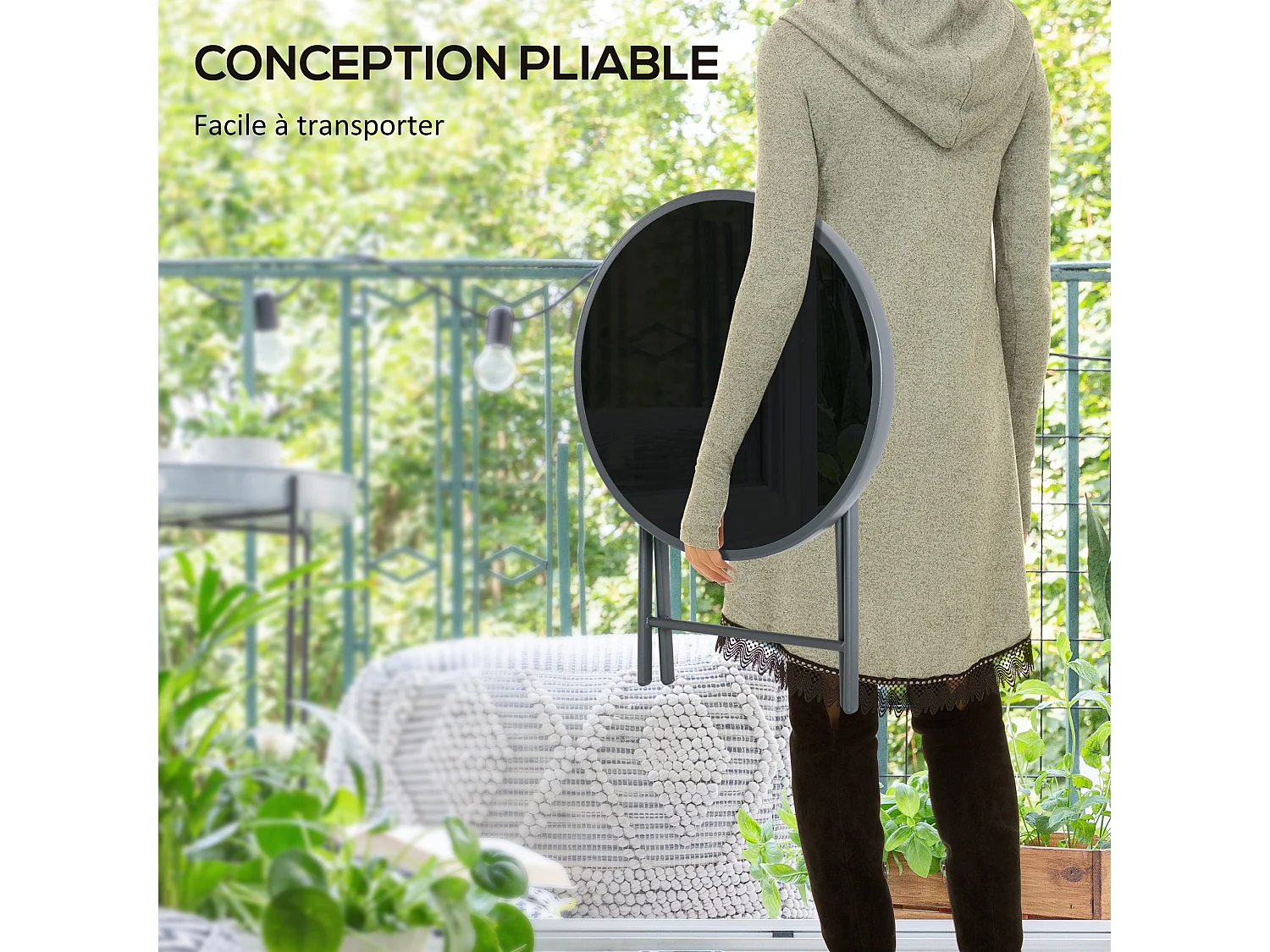 Table basse pliable d'appoint dia. 45 cm acier gris plateau verre trempé noir