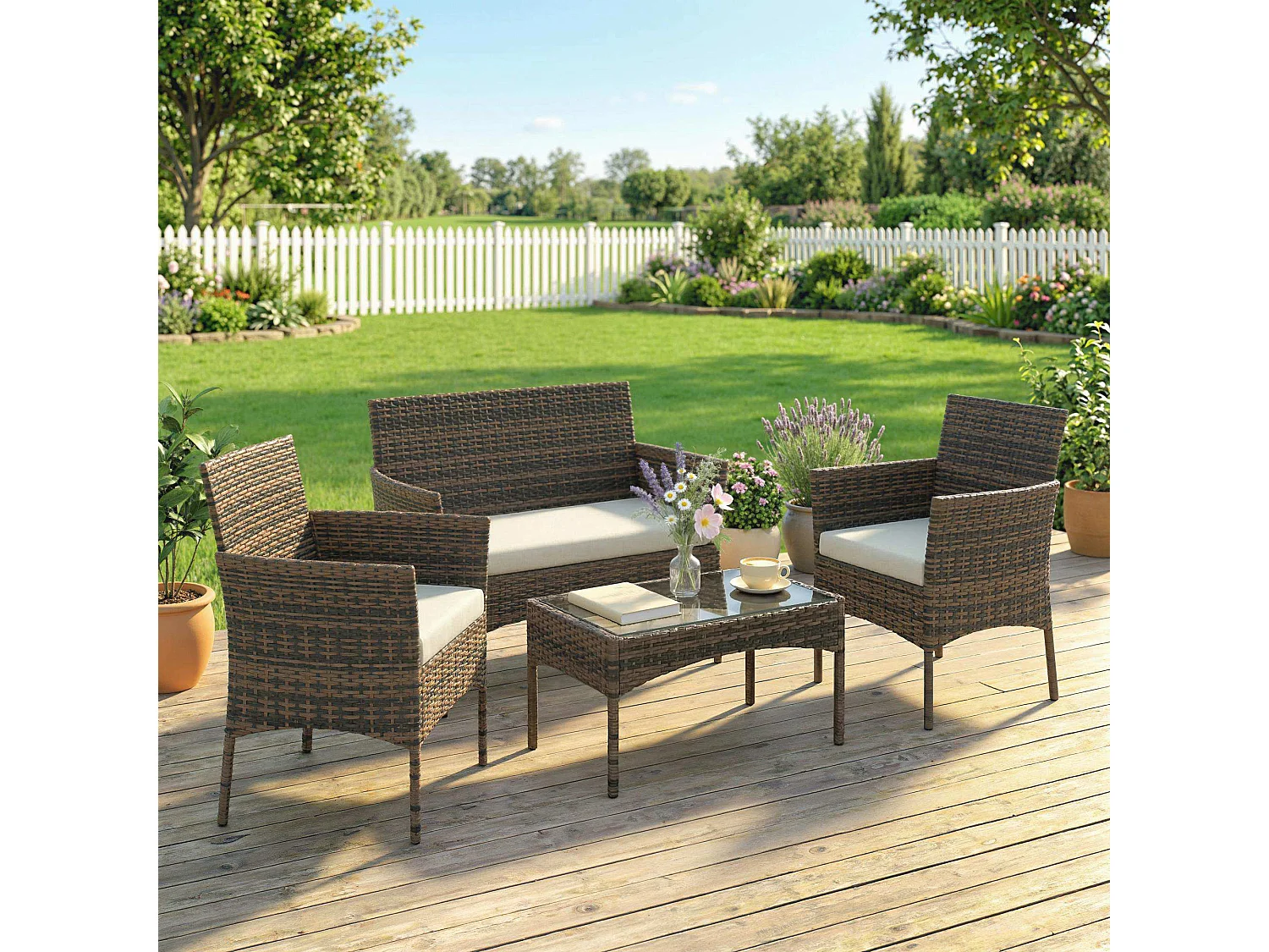 Ensemble salon de jardin 4 personnes 4 pièces résine tressée plateau verre trempé chocolat beige
