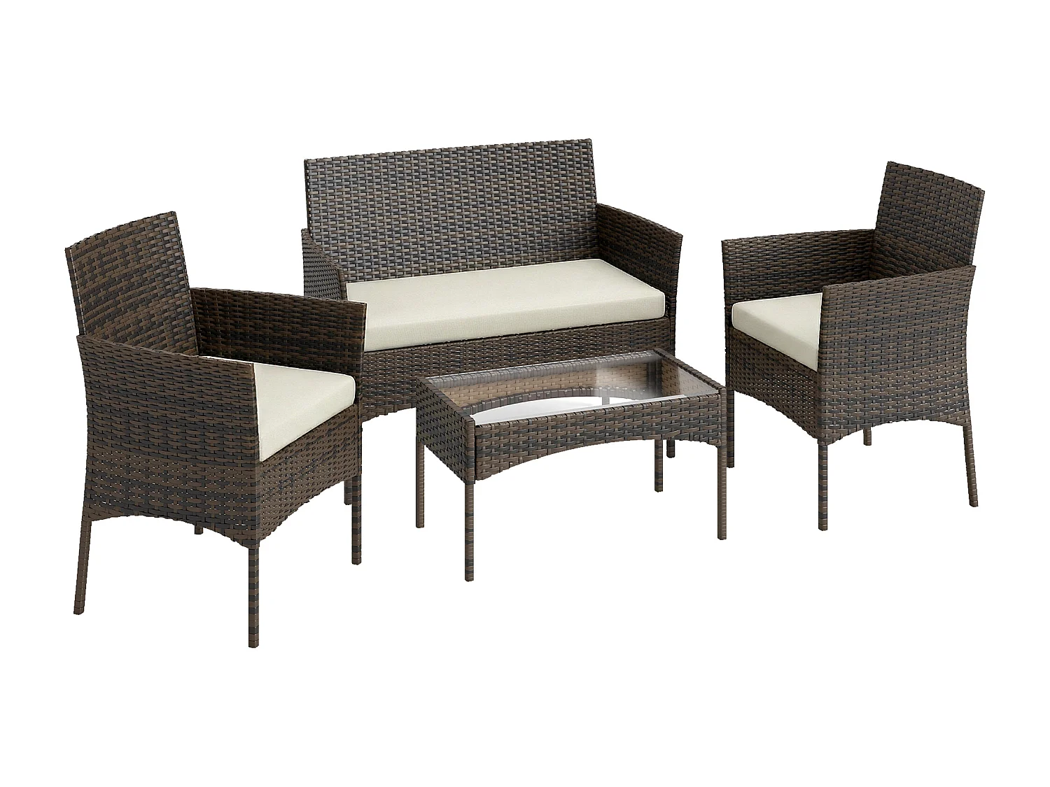 Ensemble salon de jardin 4 personnes 4 pièces résine tressée plateau verre trempé chocolat beige