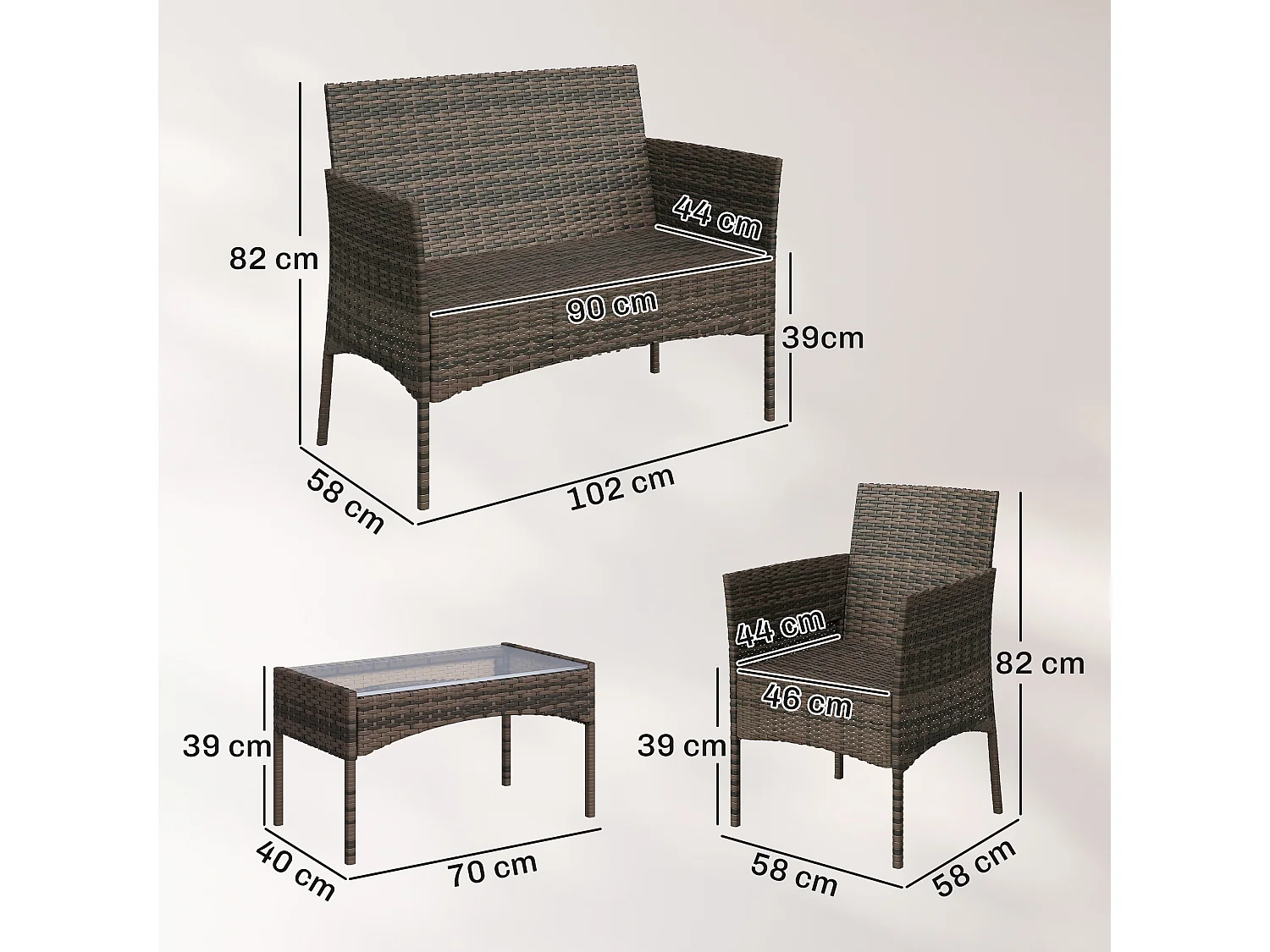 Ensemble salon de jardin 4 personnes 4 pièces résine tressée plateau verre trempé chocolat beige