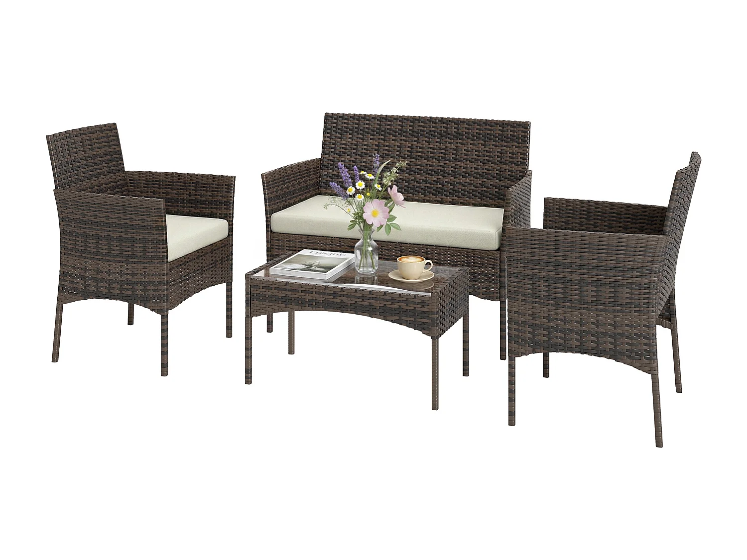 Ensemble salon de jardin 4 personnes 4 pièces résine tressée plateau verre trempé chocolat beige