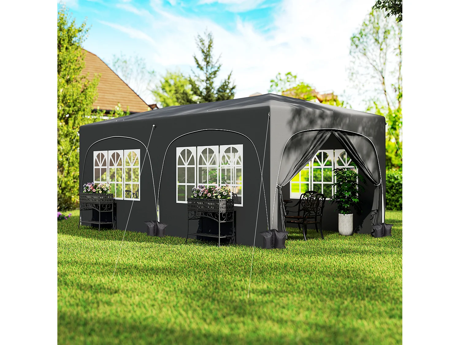Tonnelle barnum pop up automatique 3x6 m - hauteur réglable - sac de transport, 6 sacs à lester inclus - anthracite