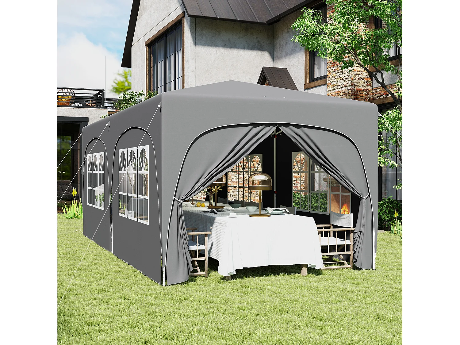 Tonnelle barnum pop up automatique 3x6 m - hauteur réglable - sac de transport, 6 sacs à lester inclus - gris
