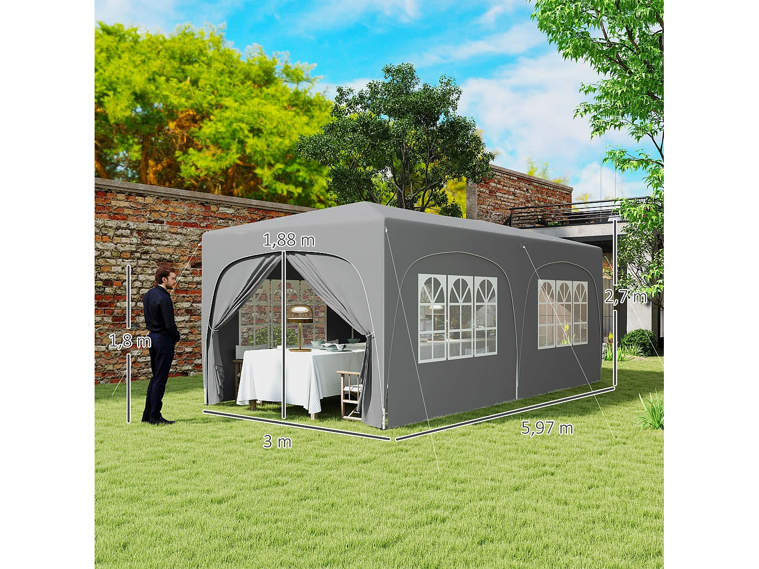 Tonnelle barnum pop up automatique 3x6 m - hauteur réglable - sac de transport, 6 sacs à lester inclus - gris