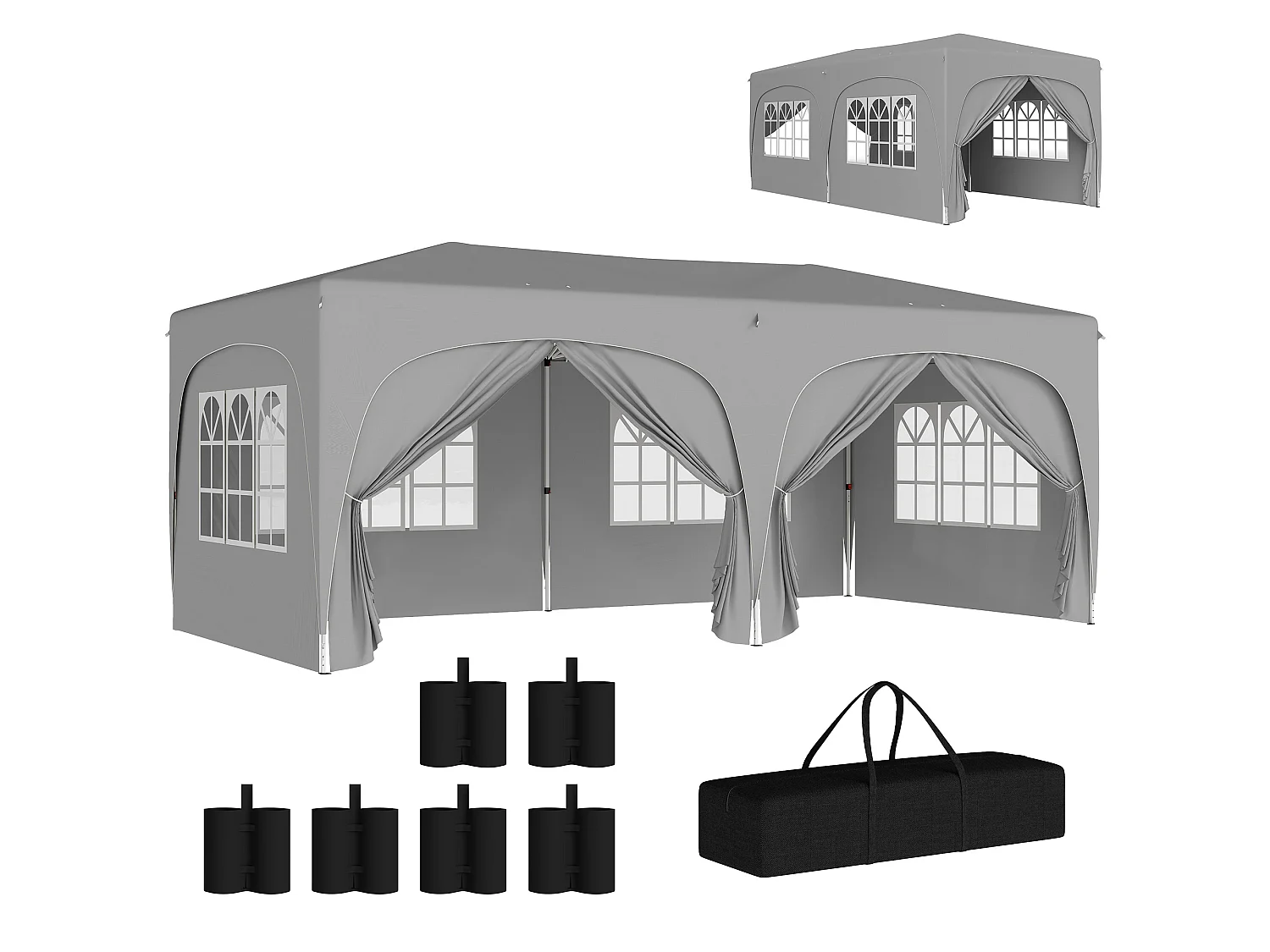 Tonnelle barnum pop up automatique 3x6 m - hauteur réglable - sac de transport, 6 sacs à lester inclus - gris