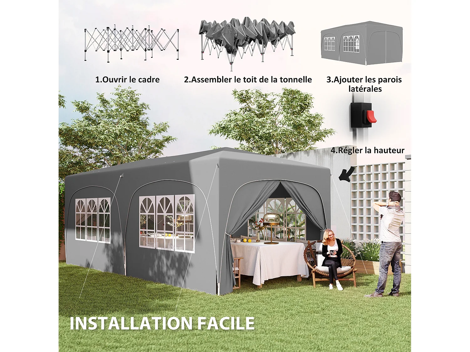 Tonnelle barnum pop up automatique 3x6 m - hauteur réglable - sac de transport, 6 sacs à lester inclus - gris