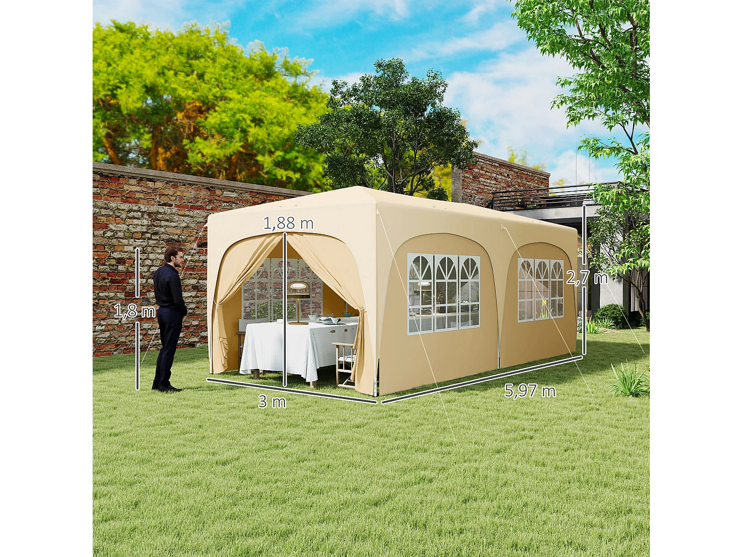 Tonnelle barnum pop up automatique 3x6 m - hauteur réglable - sac de transport, 6 sacs à lester inclus - sable