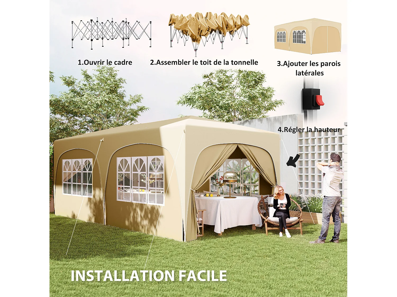 Tonnelle barnum pop up automatique 3x6 m - hauteur réglable - sac de transport, 6 sacs à lester inclus - sable