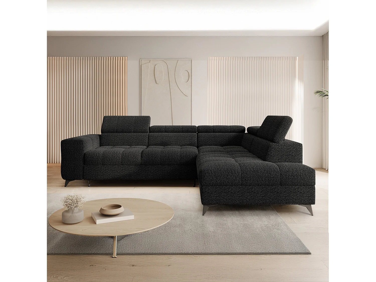 Canapé d'angle droit convertible Gaspard Bouclette Noir